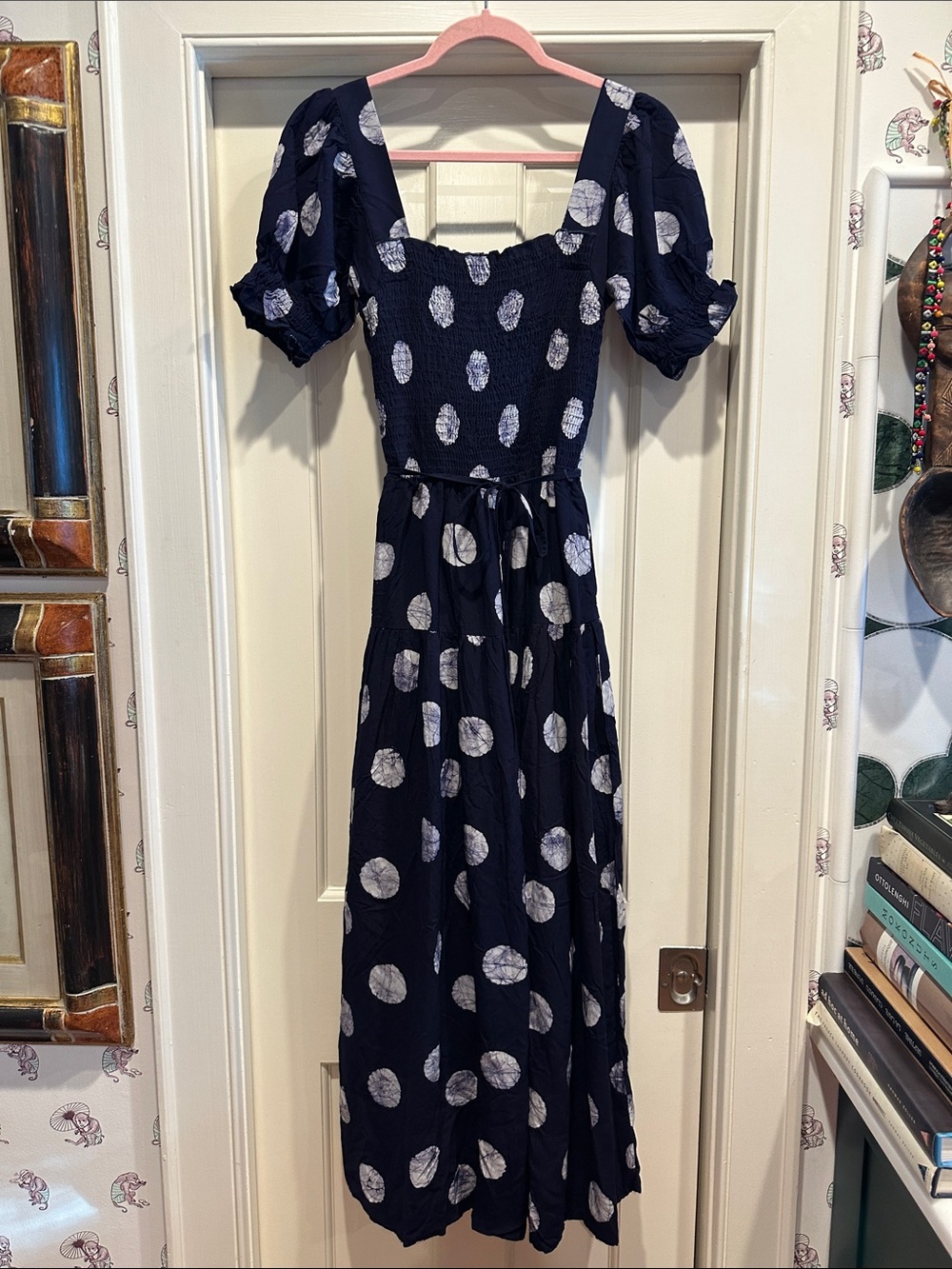 Navy Polka Dot Puff Sleeve Maxi Dress with Smocked Bodice
